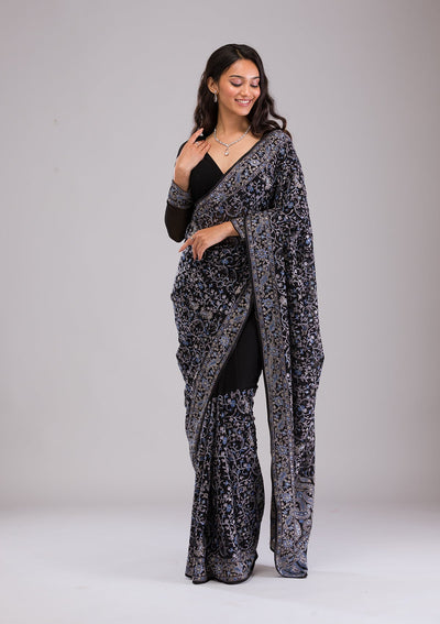 Black Threadwork Georgette Saree-Koskii