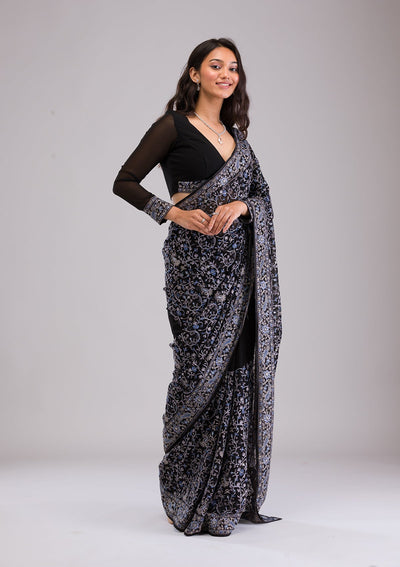 Black Threadwork Georgette Saree-Koskii