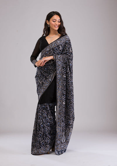 Black Threadwork Georgette Saree-Koskii