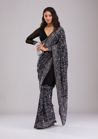 Black Threadwork Georgette Saree-Koskii