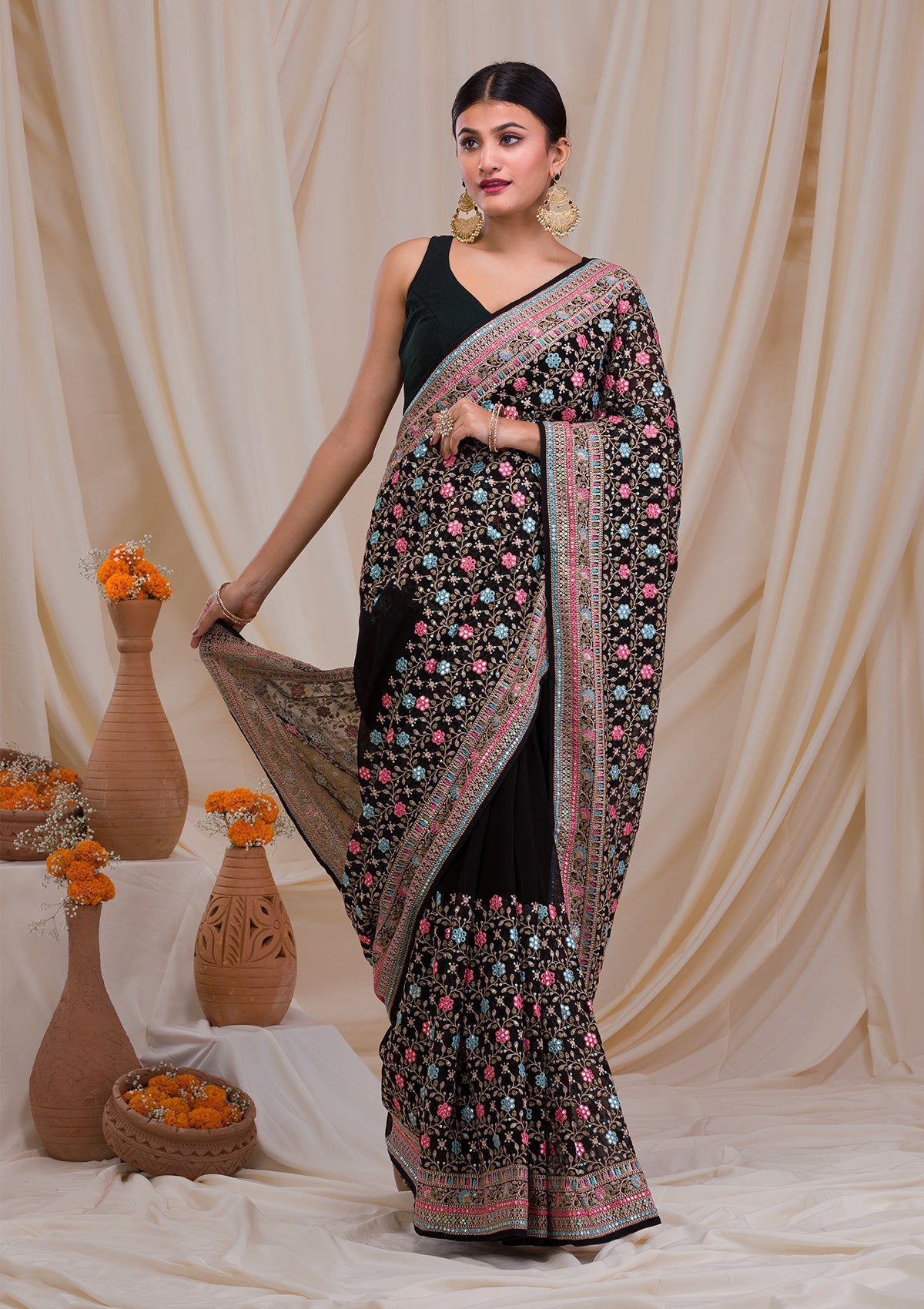 Black Threadwork Georgette Saree-Koskii