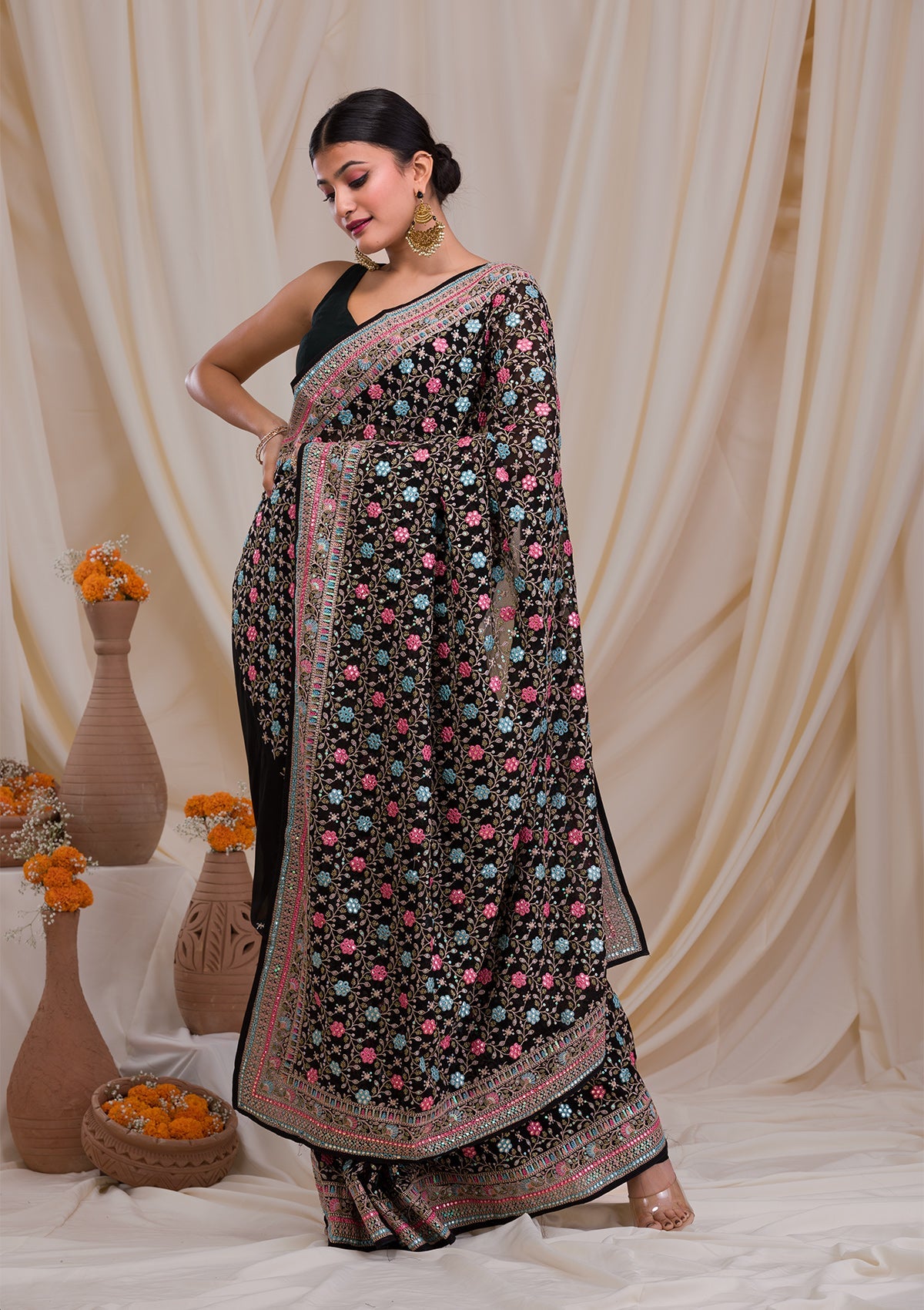 Black Threadwork Georgette Saree-Koskii