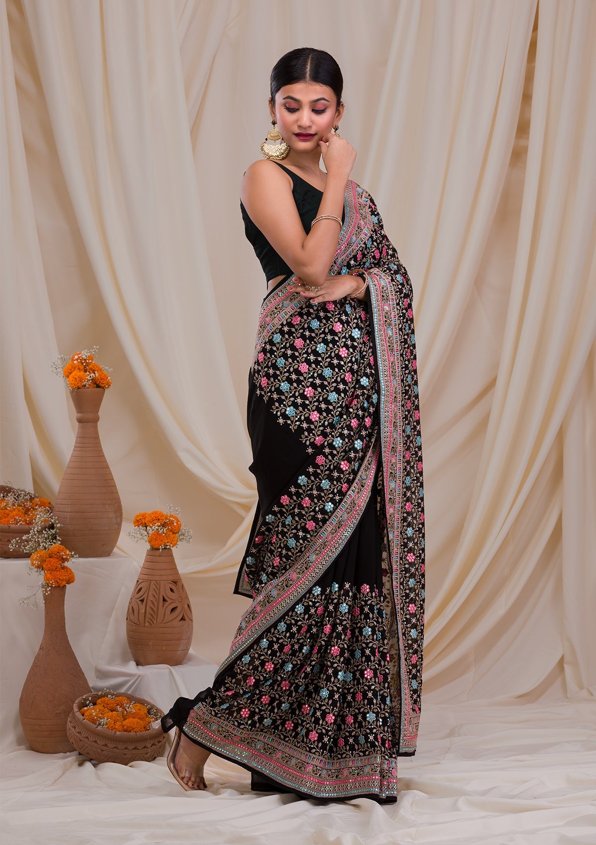 Black Threadwork Georgette Saree-Koskii