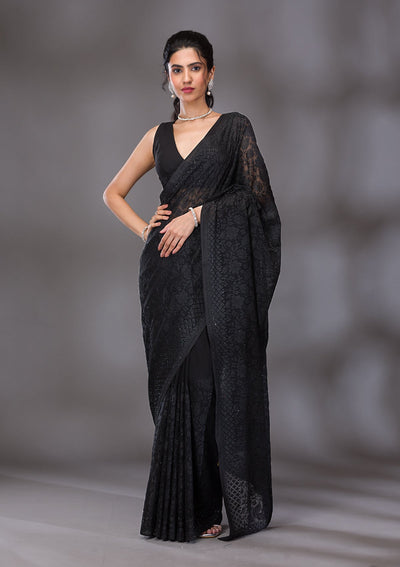 Black Threadwork Georgette Saree-Koskii