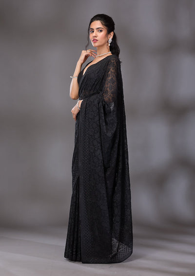 Black Threadwork Georgette Saree-Koskii