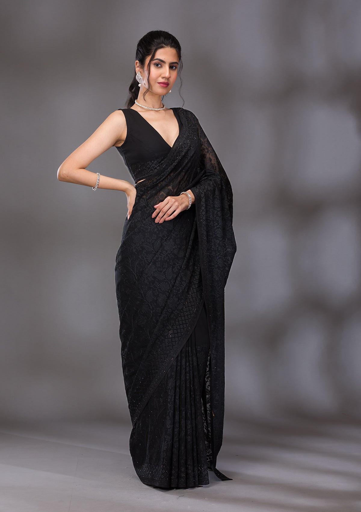 Black Threadwork Georgette Saree-Koskii