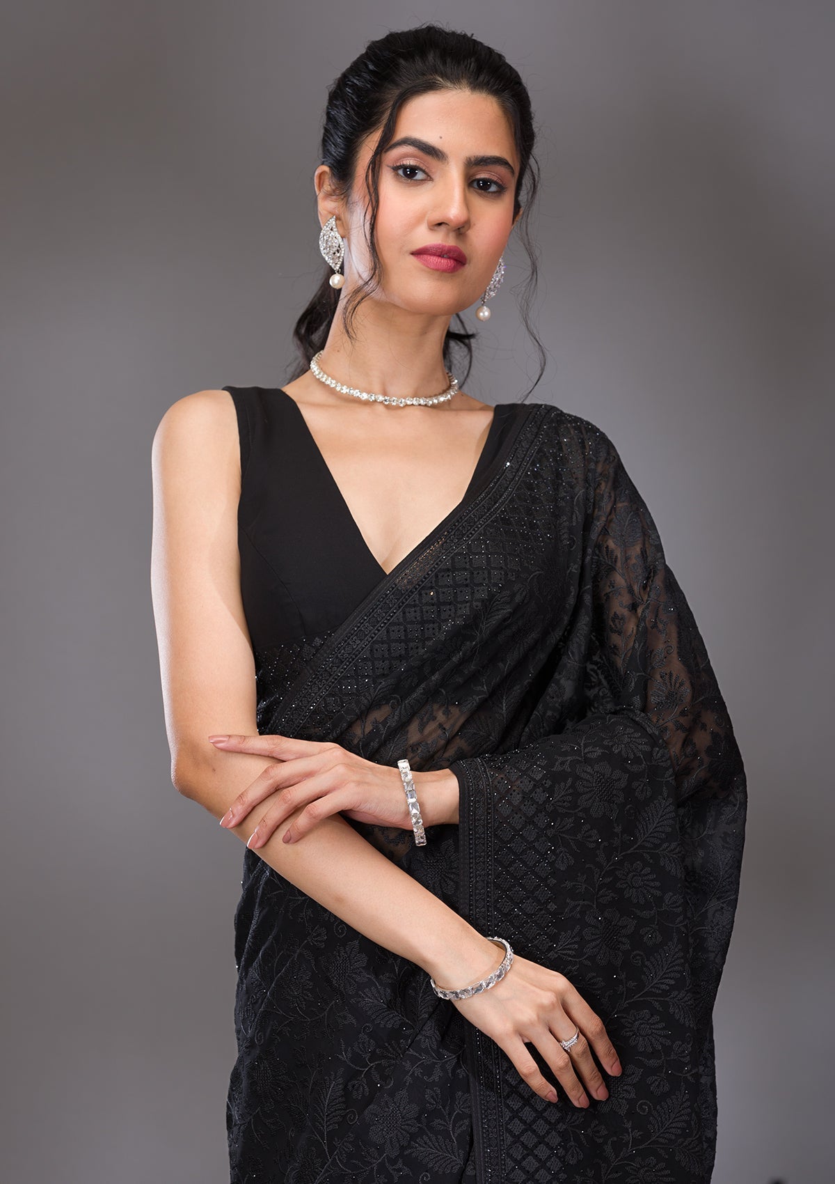 Black Threadwork Georgette Saree-Koskii