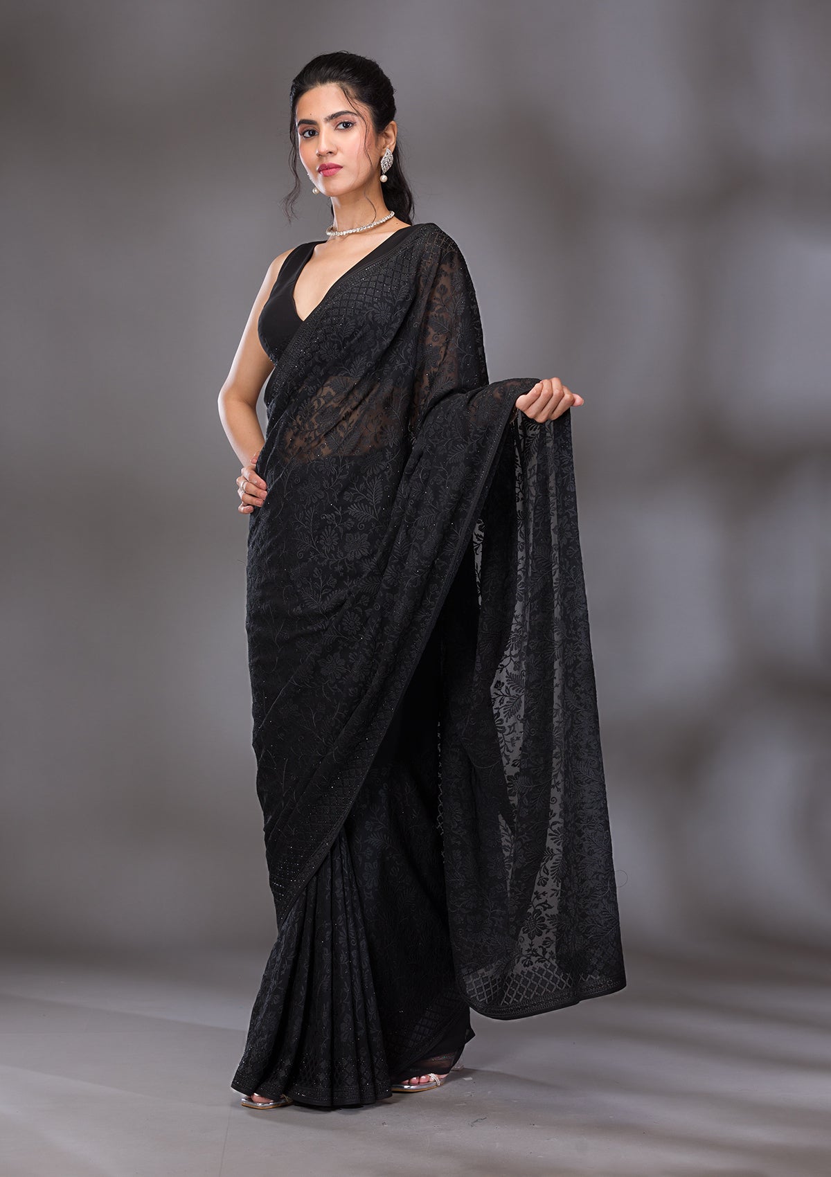 Black Threadwork Georgette Saree-Koskii