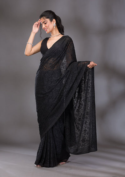 Black Threadwork Georgette Saree-Koskii