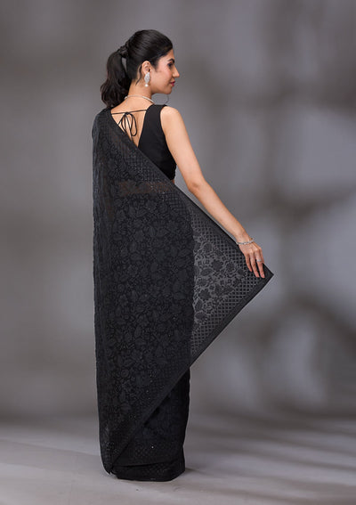 Black Threadwork Georgette Saree-Koskii