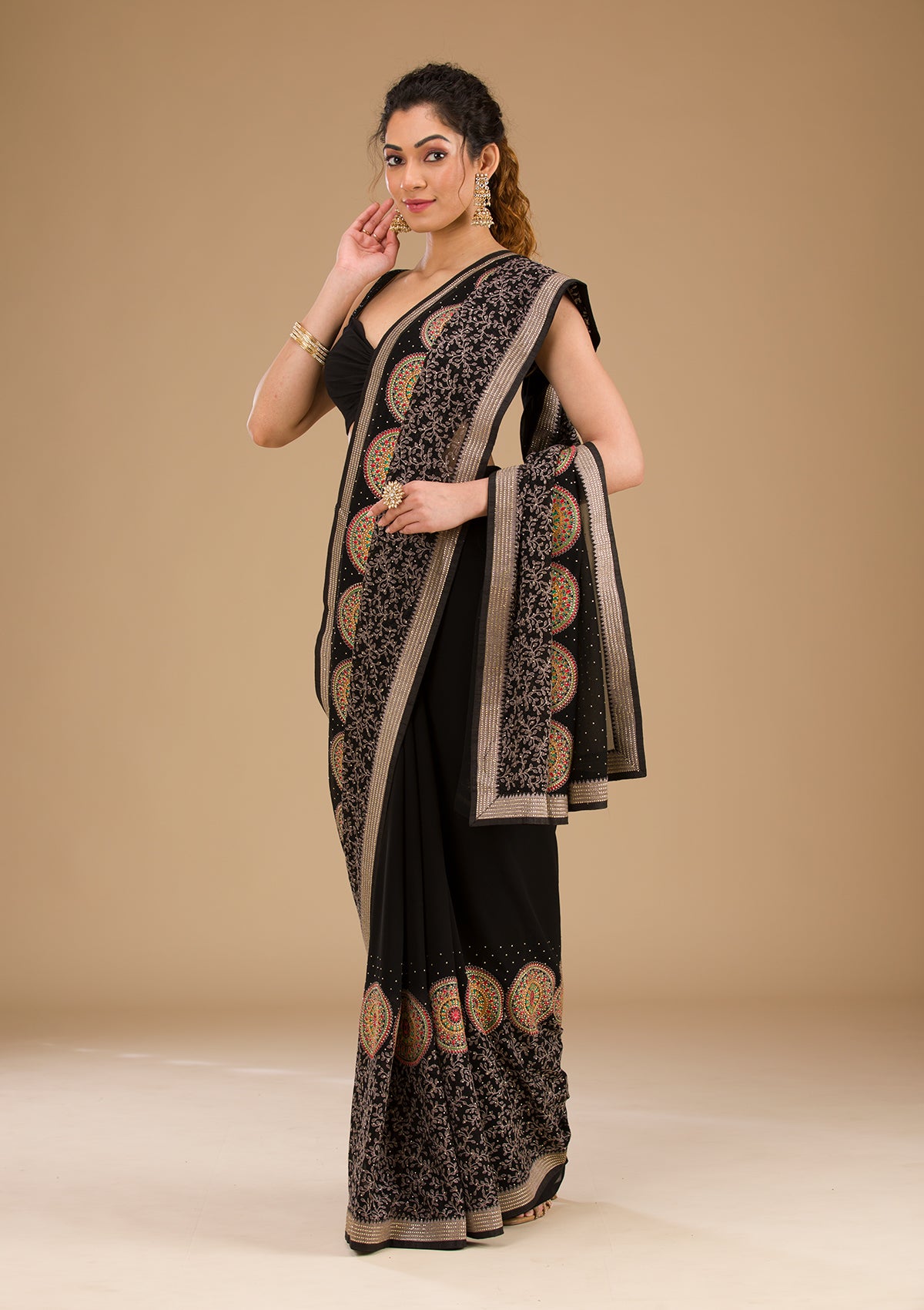 Black Threadwork Georgette Saree