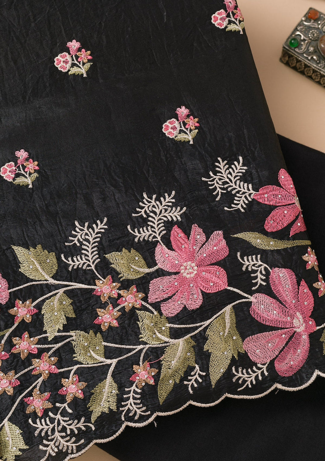 Black Threadwork Organza Unstitched Salwar Suit-Koskii