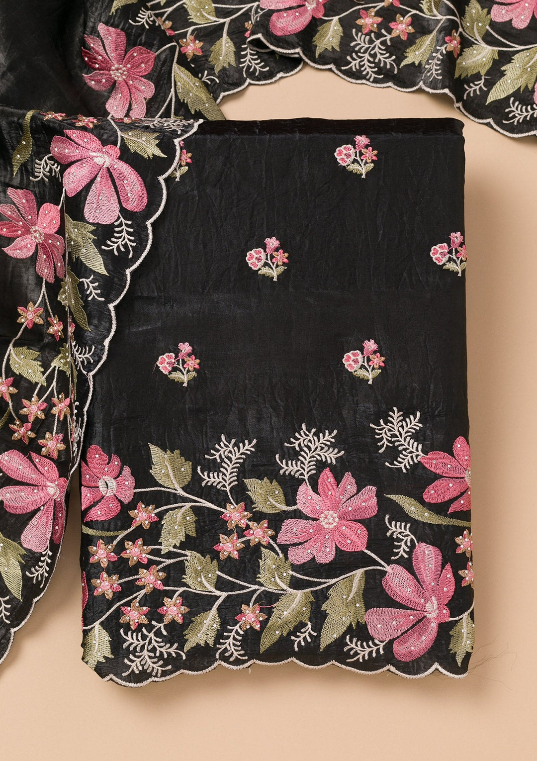 Black Threadwork Organza Unstitched Salwar Suit-Koskii
