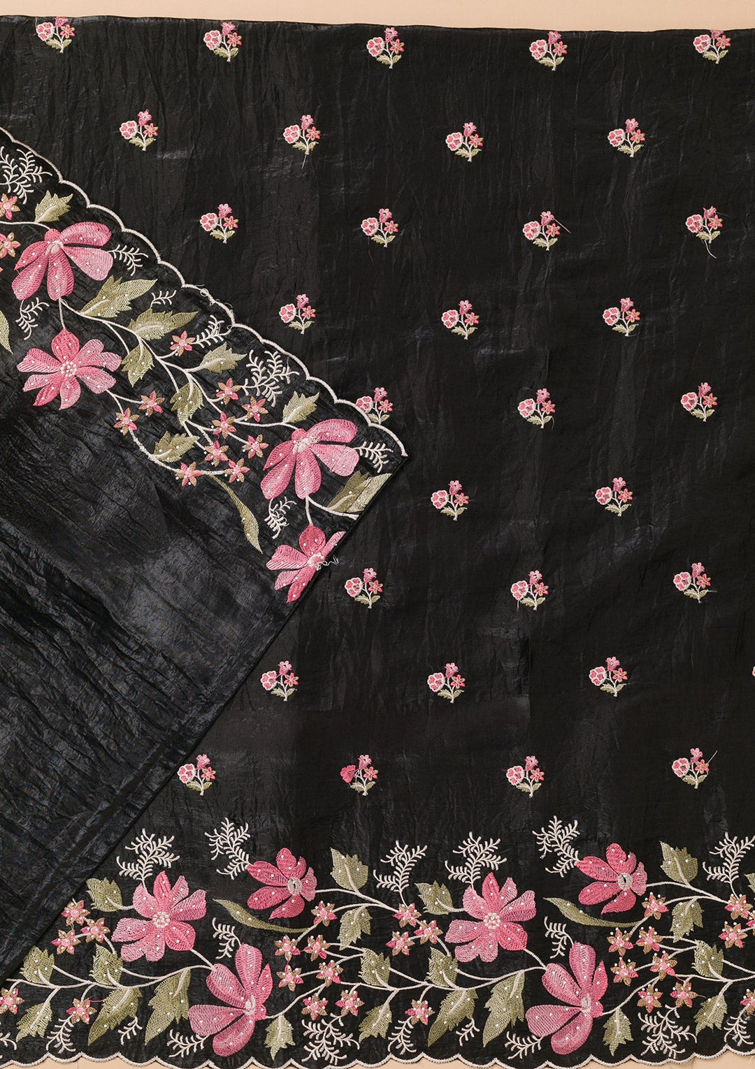 Black Threadwork Organza Unstitched Salwar Suit-Koskii
