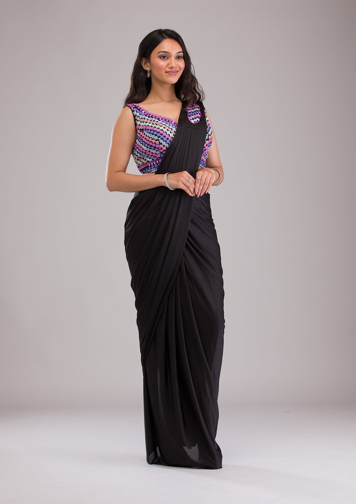 Black Threadwork Satin Saree-Koskii