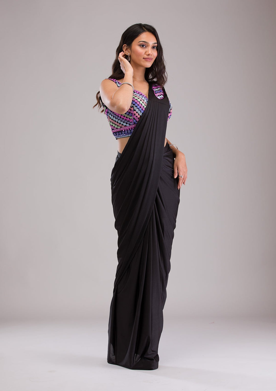 Black Threadwork Satin Saree-Koskii