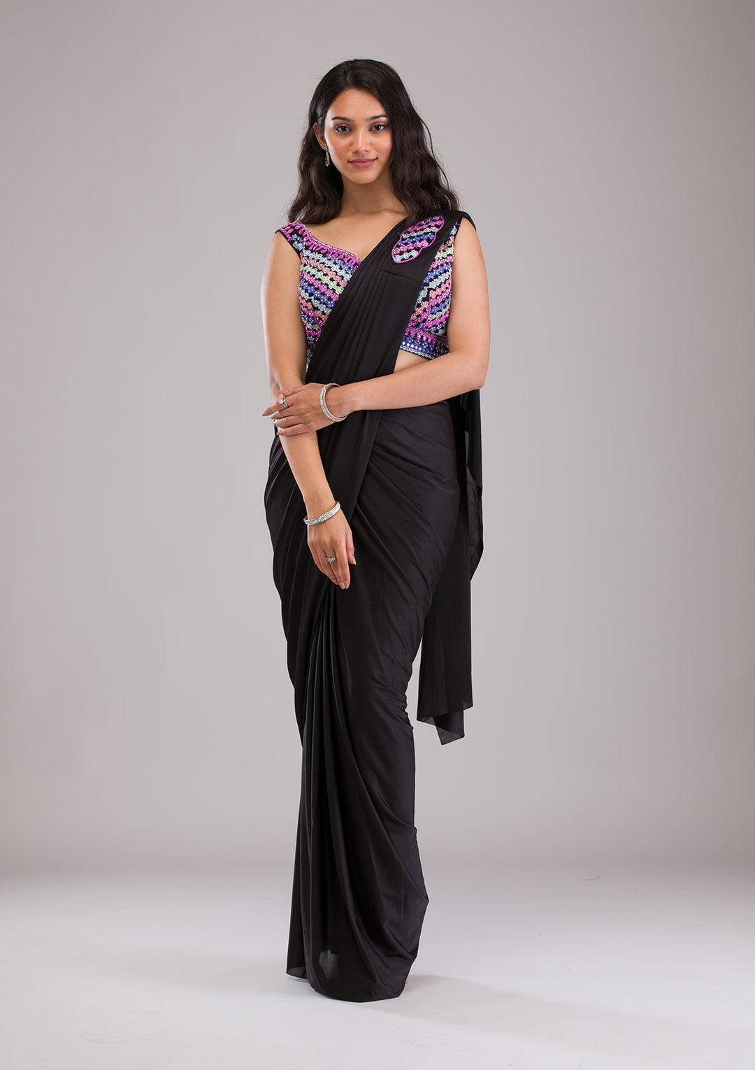 Black Threadwork Satin Saree-Koskii