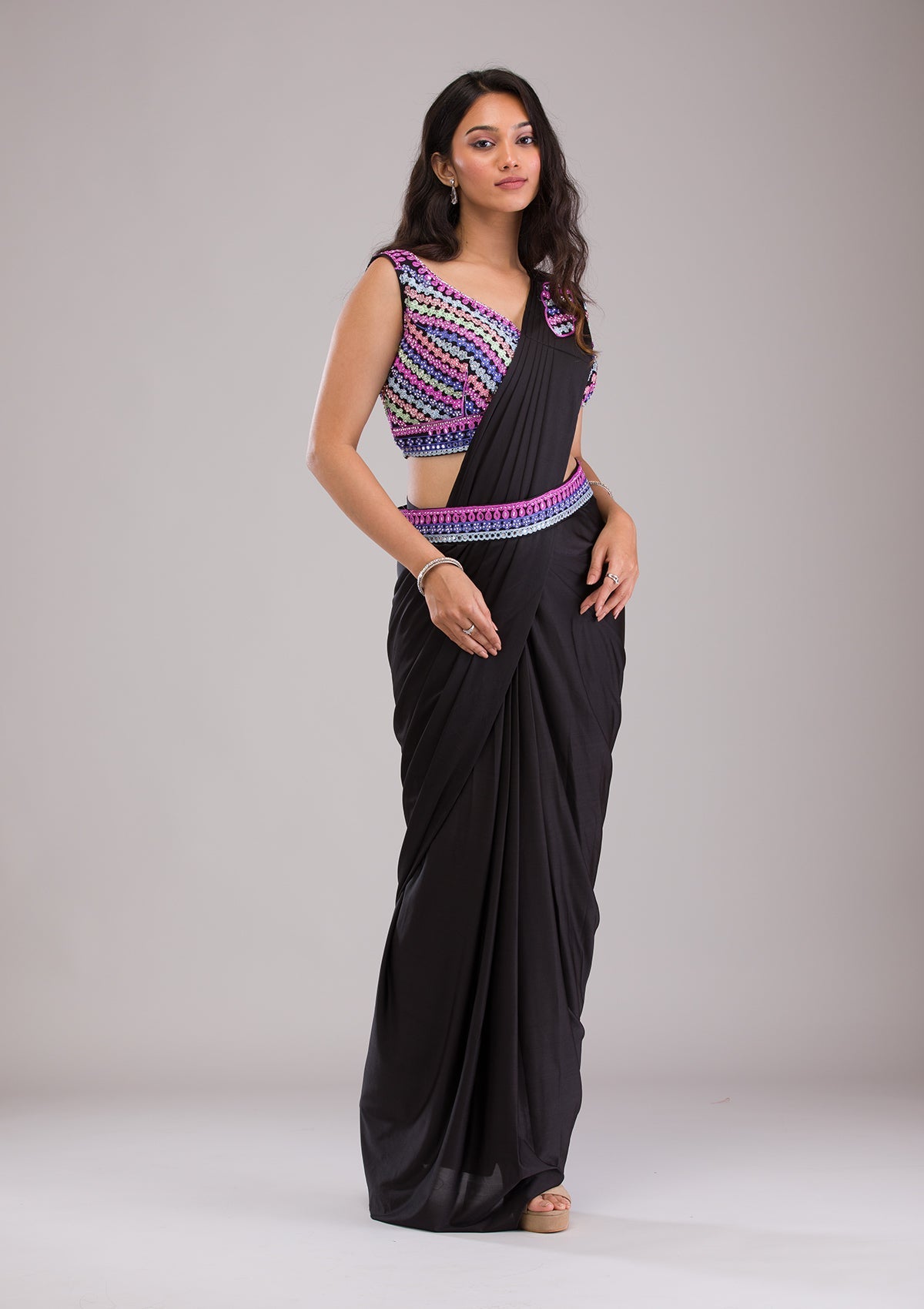 Black Threadwork Satin Saree-Koskii