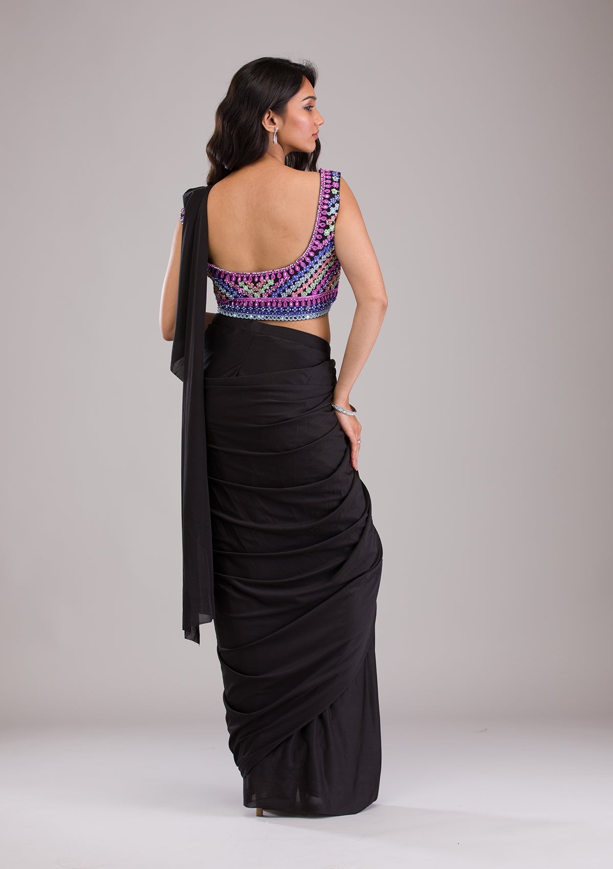 Black Threadwork Satin Saree-Koskii