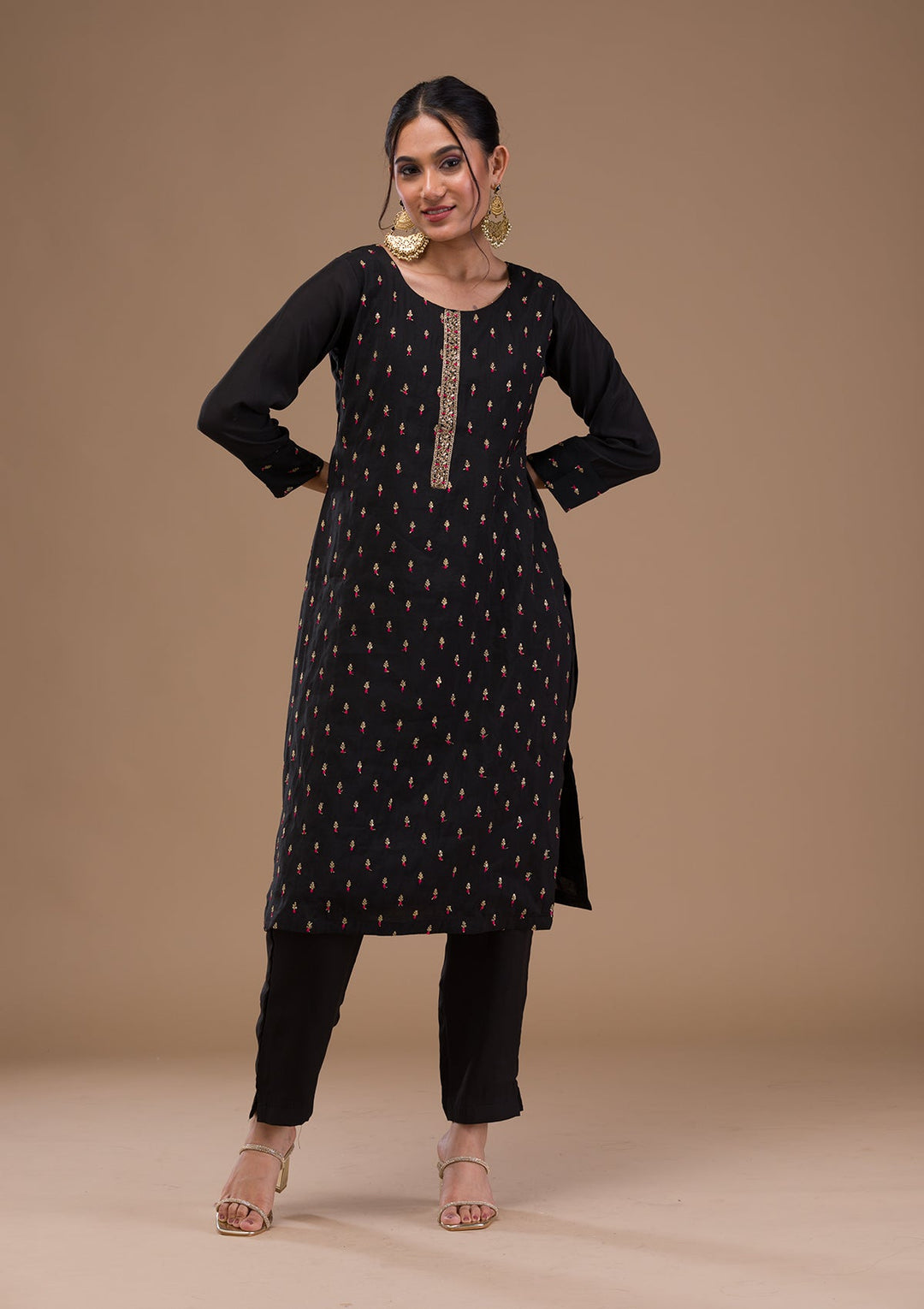 Black Threadwork Semi Crepe Readymade Salwar Suit-Koskii