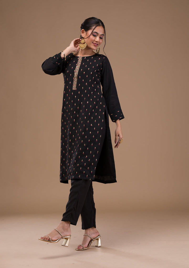 Black Threadwork Semi Crepe Readymade Salwar Suit-Koskii