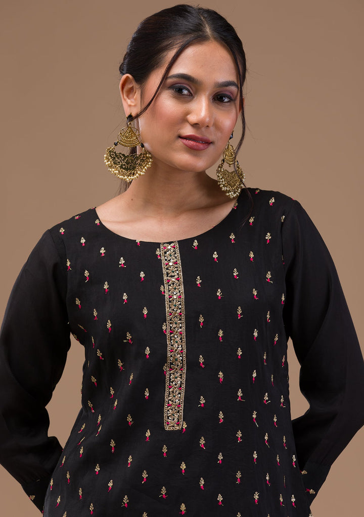 Black Threadwork Semi Crepe Readymade Salwar Suit-Koskii