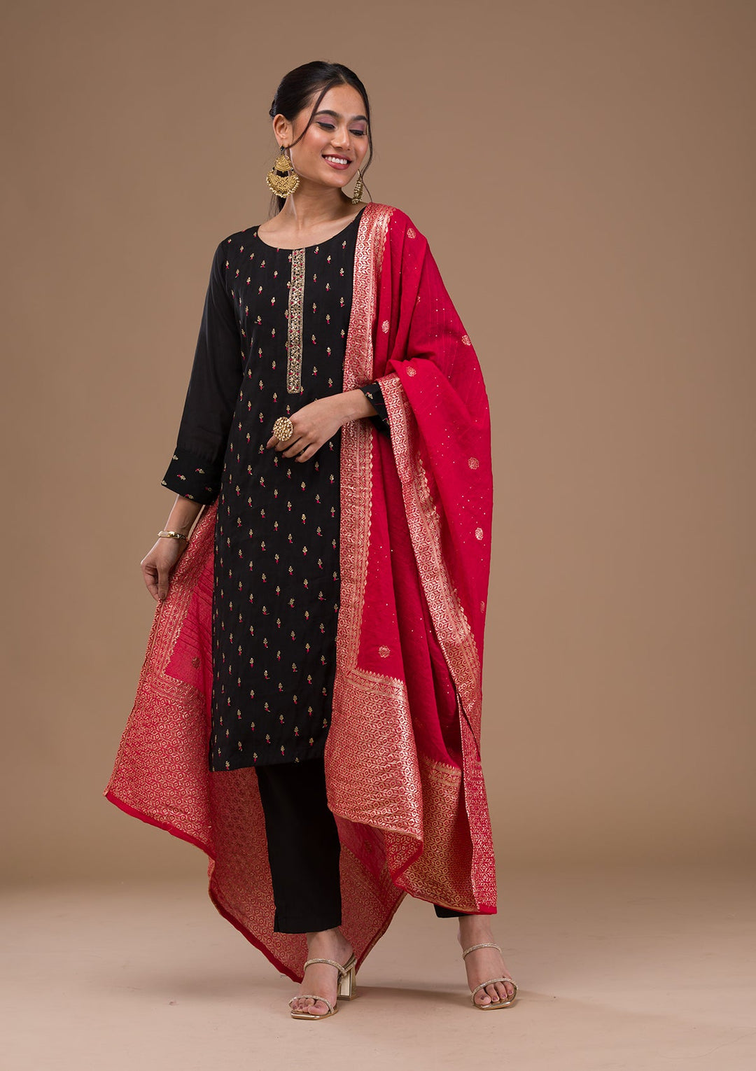 Black Threadwork Semi Crepe Readymade Salwar Suit-Koskii