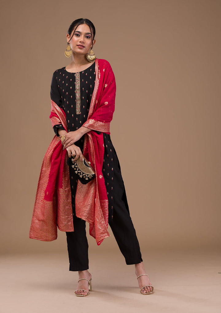 Black Threadwork Semi Crepe Readymade Salwar Suit-Koskii