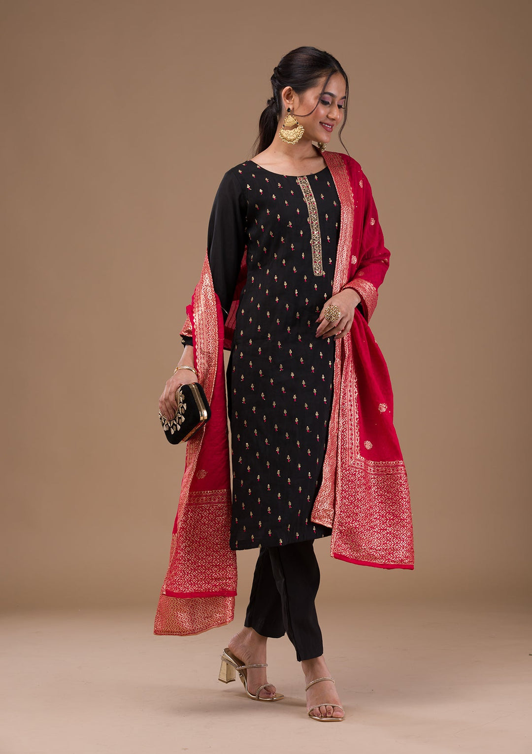 Black Threadwork Semi Crepe Readymade Salwar Suit-Koskii