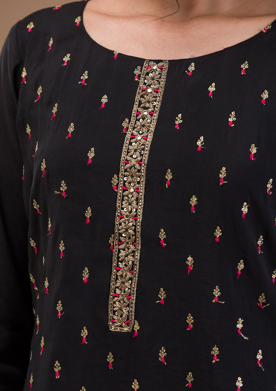 Black Threadwork Semi Crepe Readymade Salwar Suit-Koskii