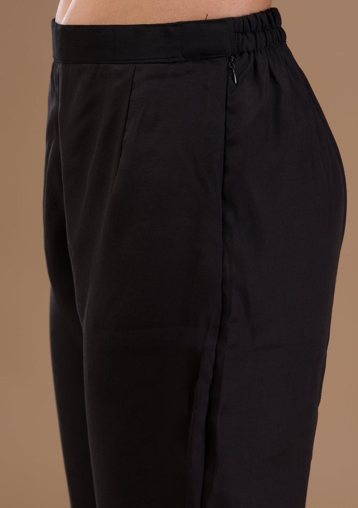 Black Threadwork Semi Crepe Readymade Salwar Suit-Koskii