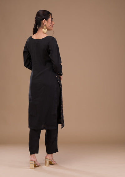 Black Threadwork Semi Crepe Readymade Salwar Suit-Koskii
