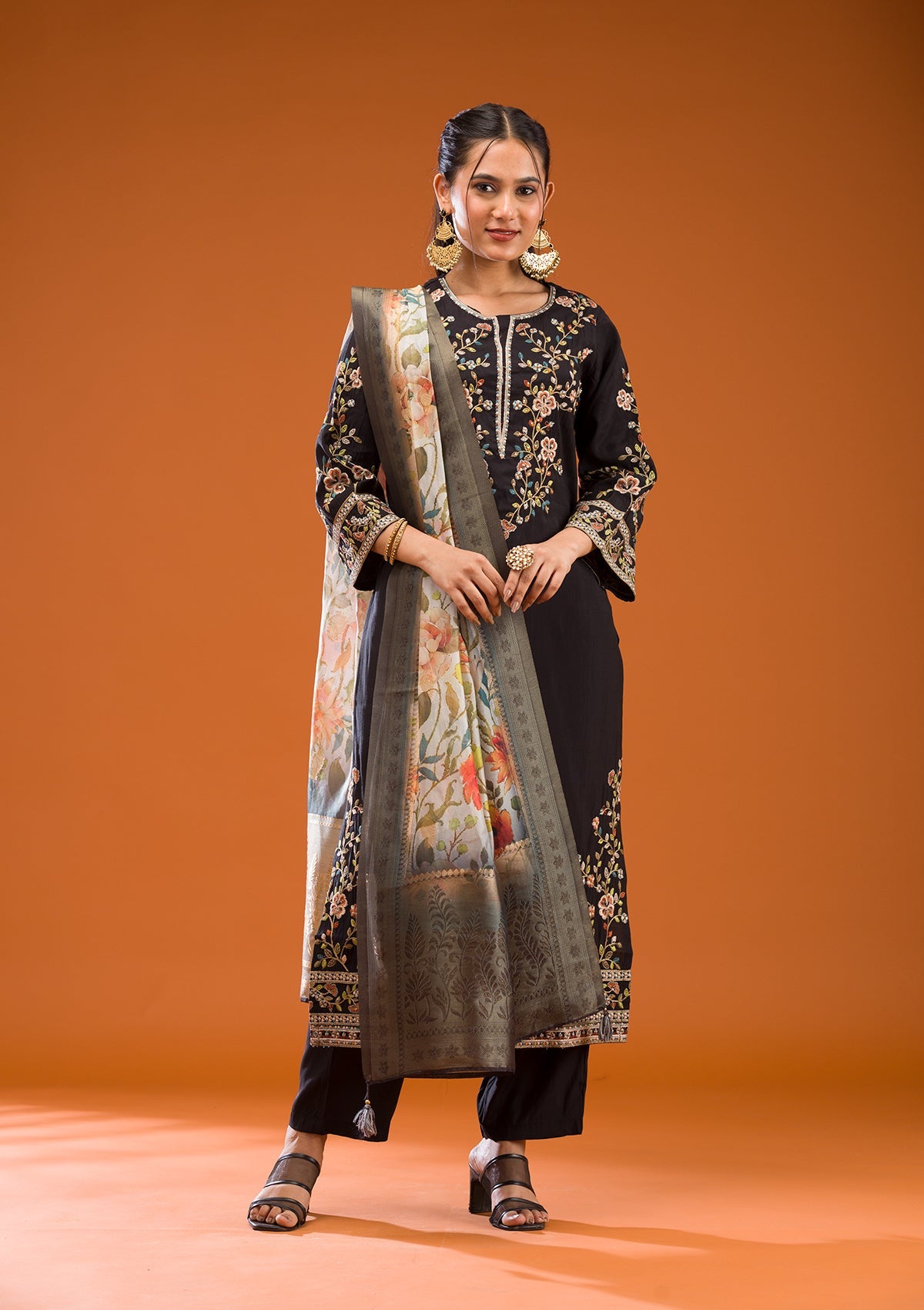 Black Threadwork Semi Crepe Readymade Salwar Suit-Koskii