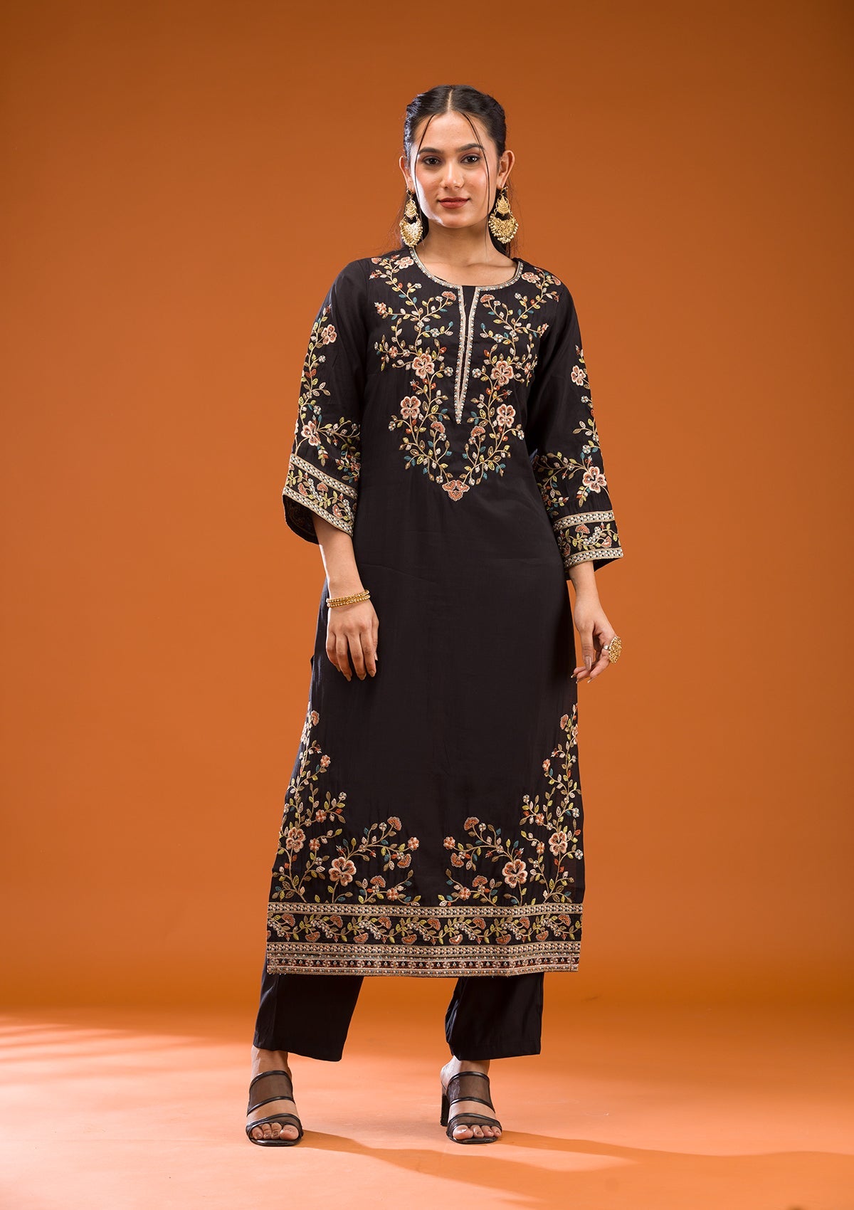 Black Threadwork Semi Crepe Readymade Salwar Suit-Koskii