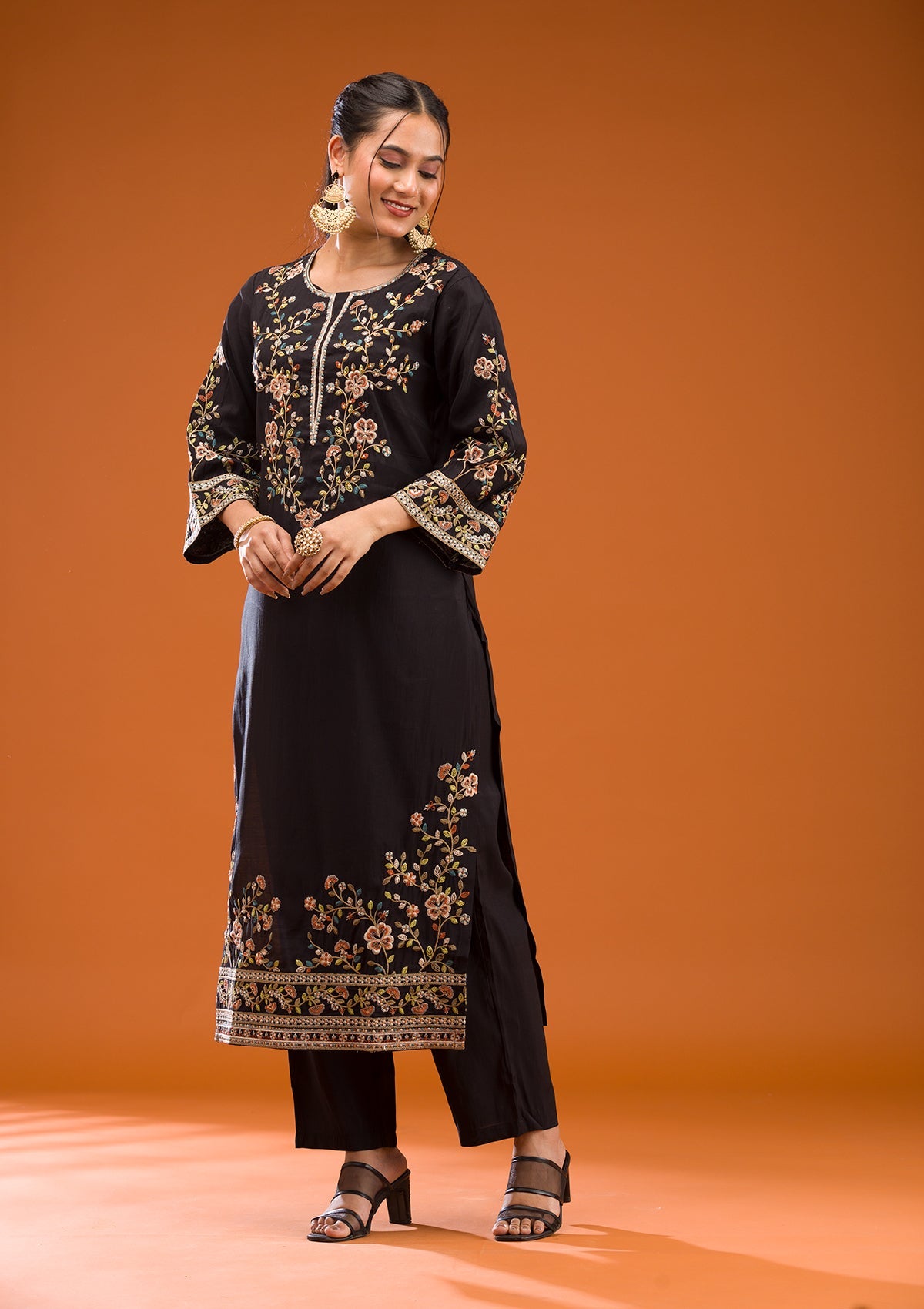 Black Threadwork Semi Crepe Readymade Salwar Suit-Koskii