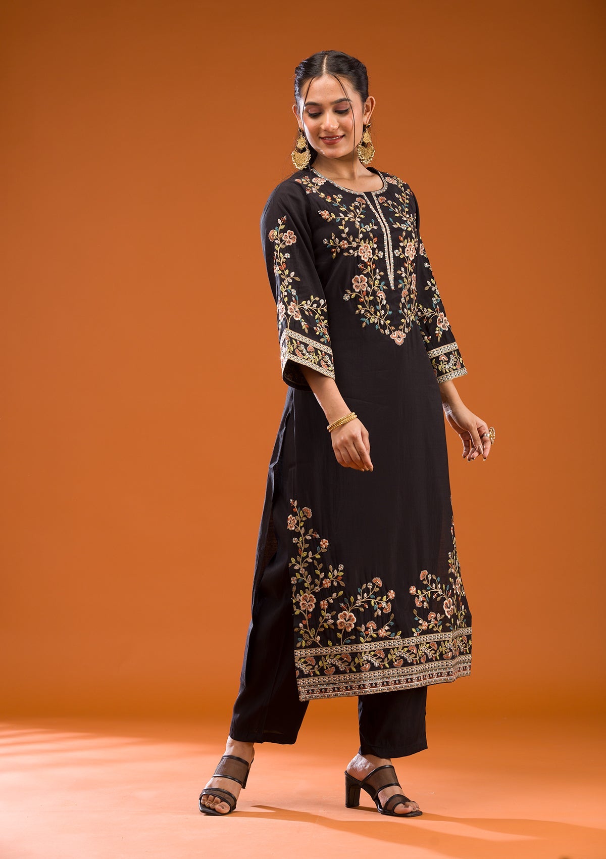 Black Threadwork Semi Crepe Readymade Salwar Suit-Koskii