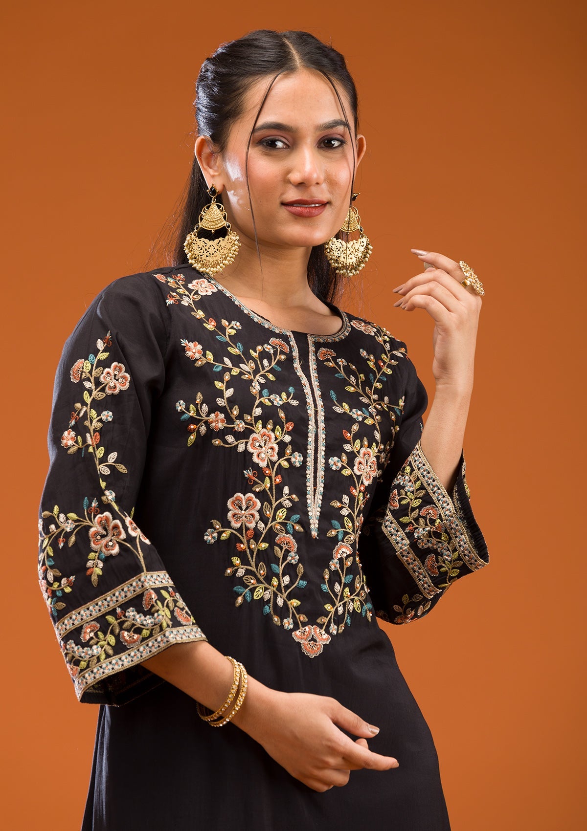 Black Threadwork Semi Crepe Readymade Salwar Suit-Koskii