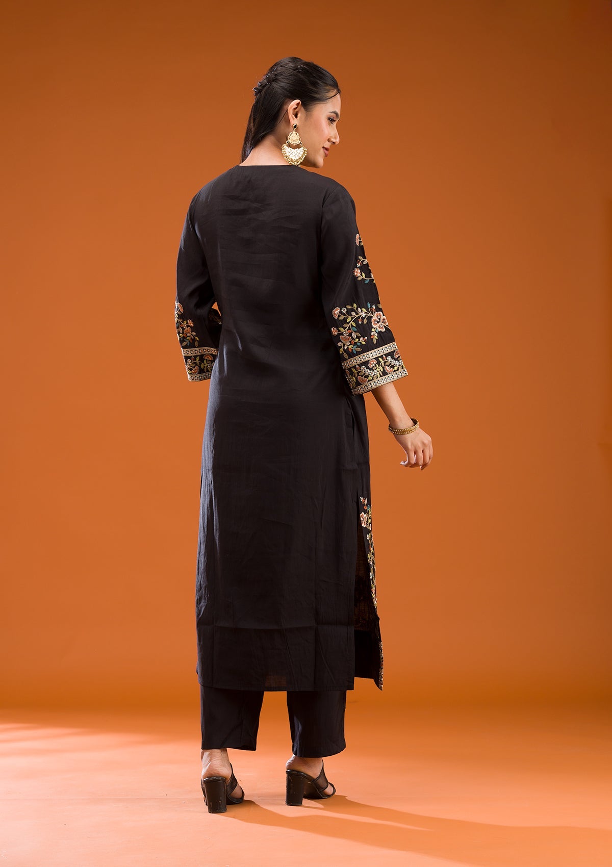 Black Threadwork Semi Crepe Readymade Salwar Suit-Koskii