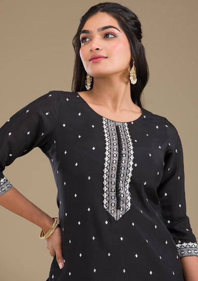 Black Threadwork Semi Crepe Readymade Salwar Suit-Koskii