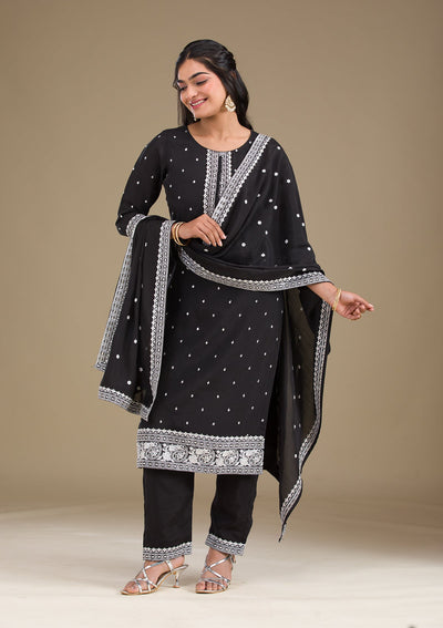 Black Threadwork Semi Crepe Readymade Salwar Suit-Koskii