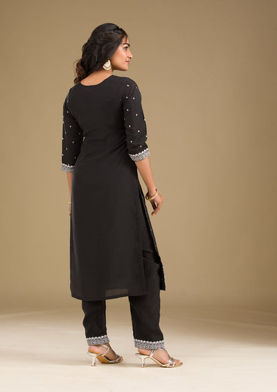 Black Threadwork Semi Crepe Readymade Salwar Suit-Koskii