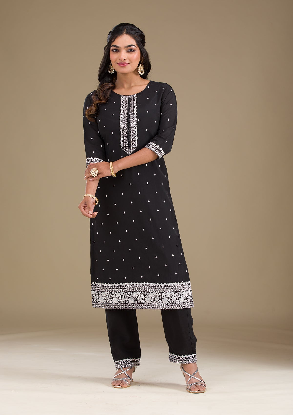 Black Threadwork Semi Crepe Readymade Salwar Suit-Koskii