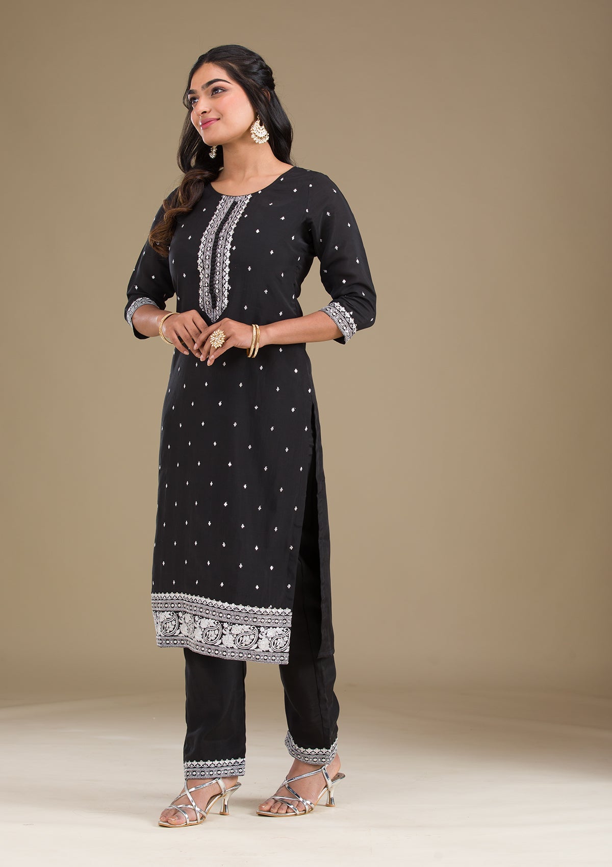 Black Threadwork Semi Crepe Readymade Salwar Suit-Koskii