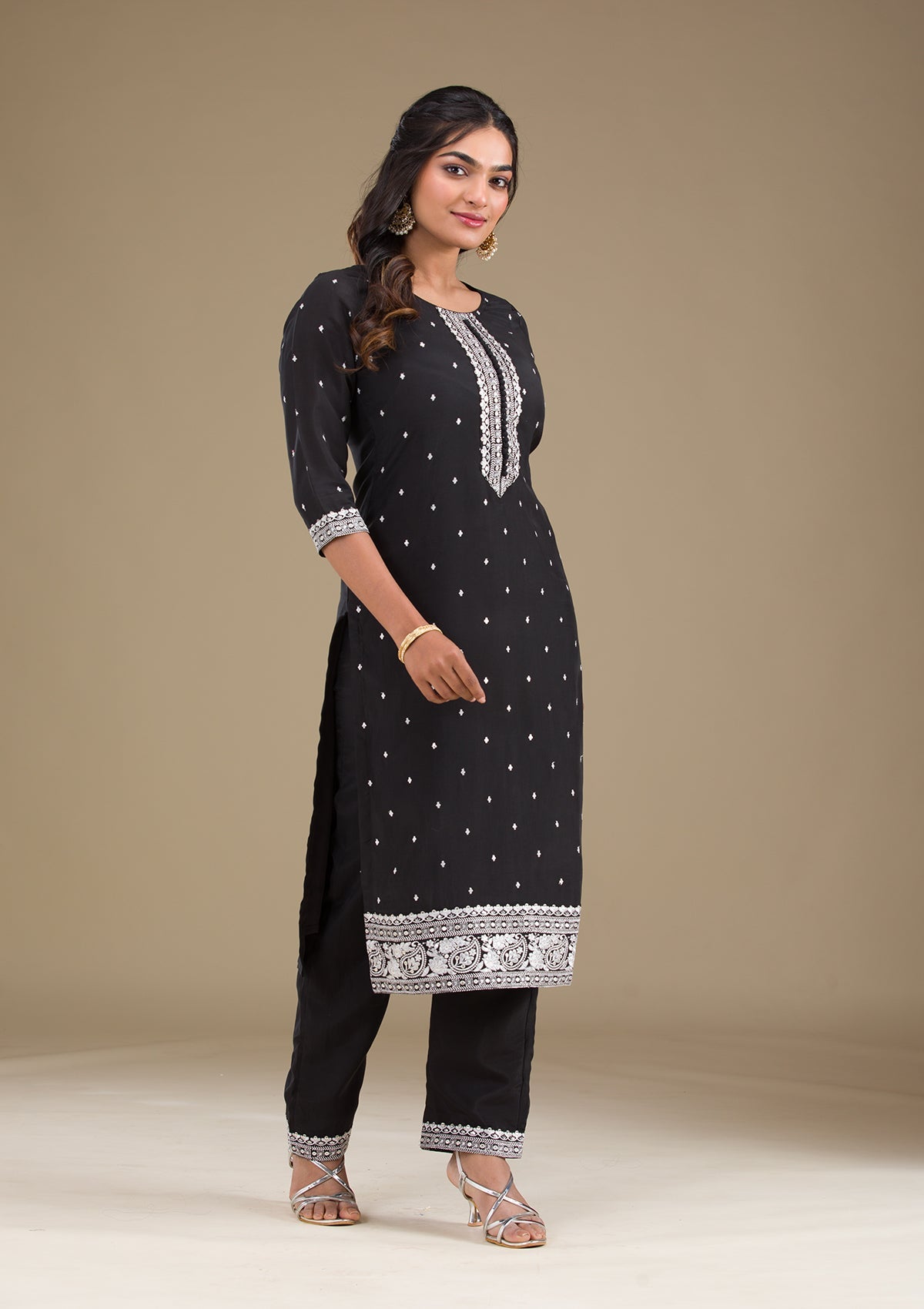 Black Threadwork Semi Crepe Readymade Salwar Suit-Koskii