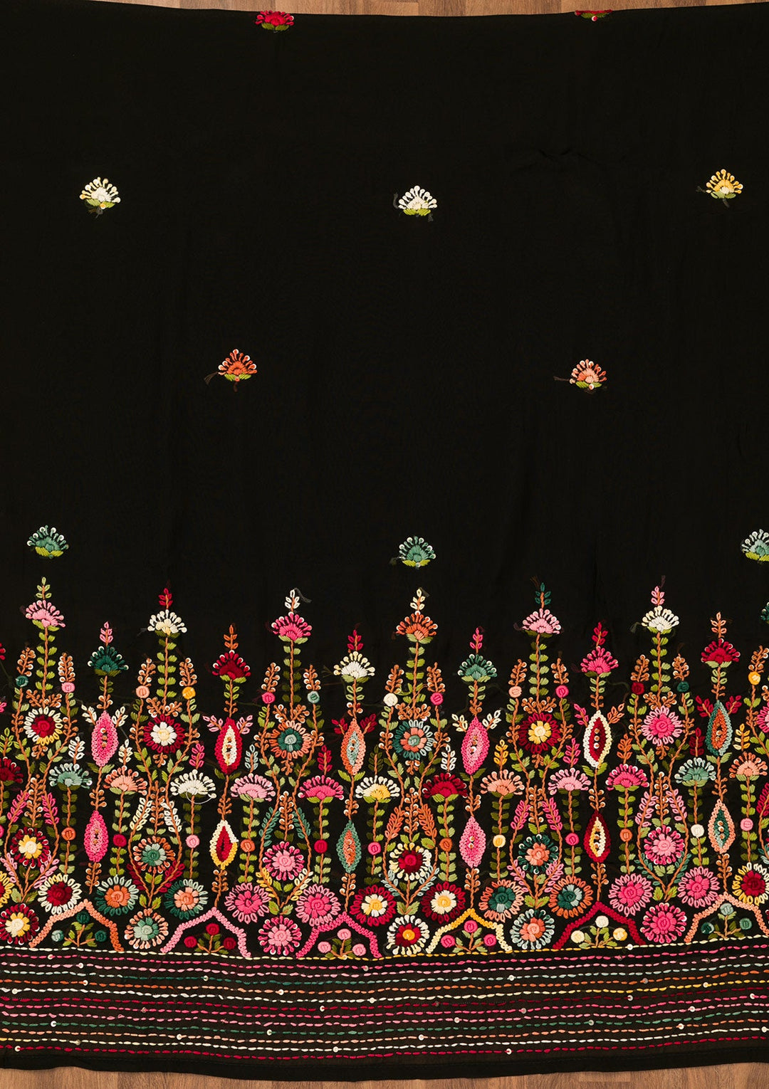 Black Threadwork Semi Crepe Unstitched Salwar Suit-Koskii