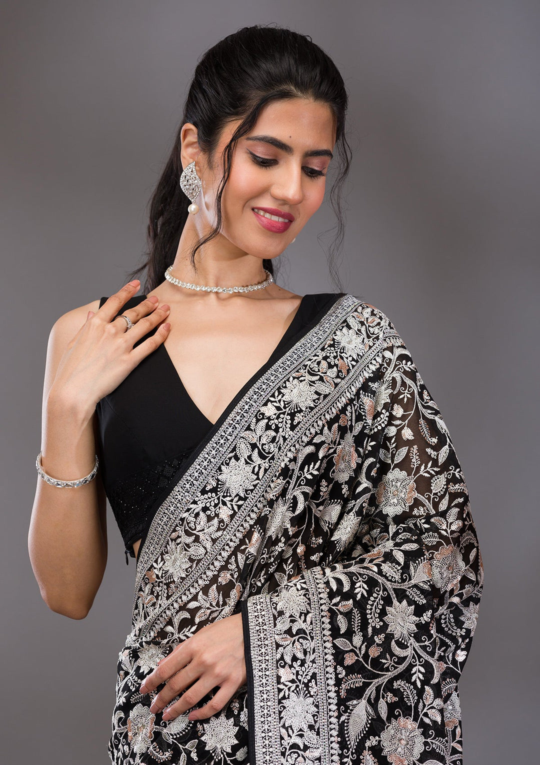 Black Threadwork Tissue Saree-Koskii