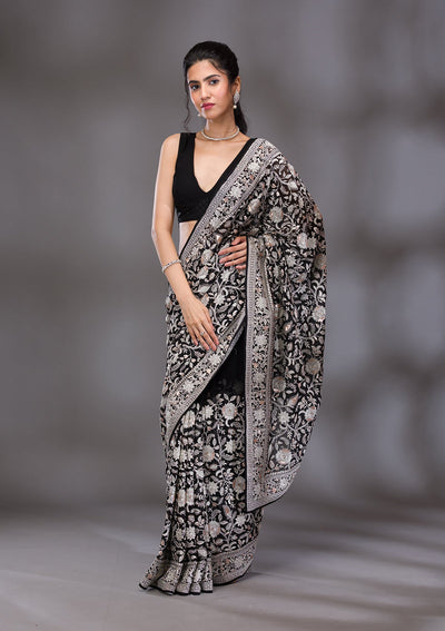 Black Threadwork Tissue Saree-Koskii