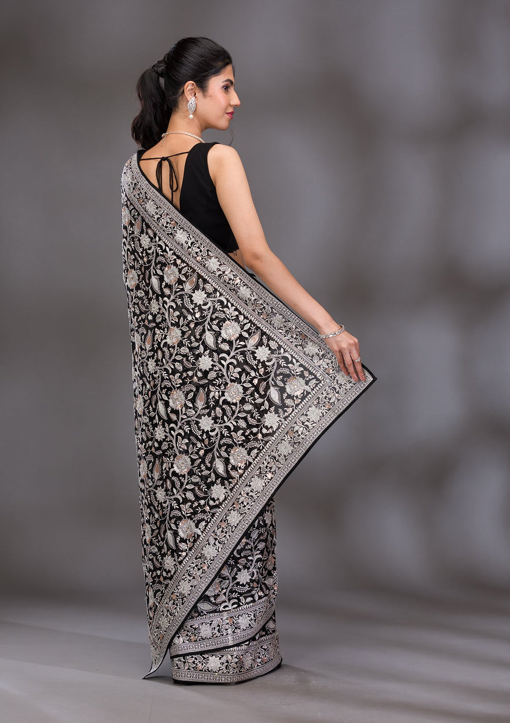 Black Threadwork Tissue Saree-Koskii