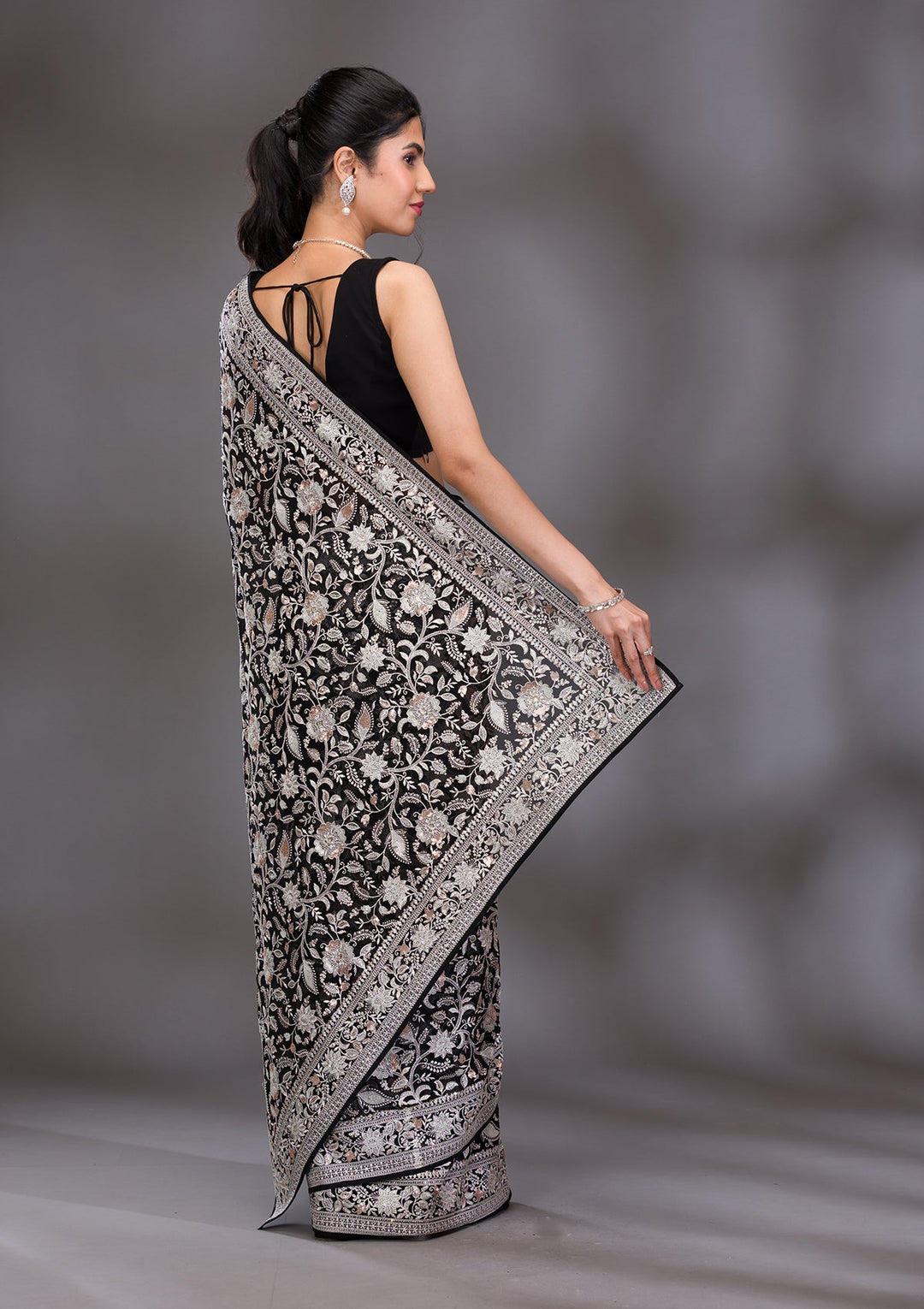 Black Threadwork Tissue Saree-Koskii
