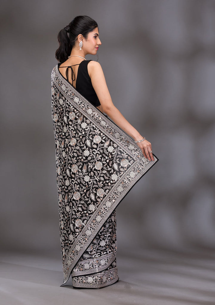Black Threadwork Tissue Saree-Koskii